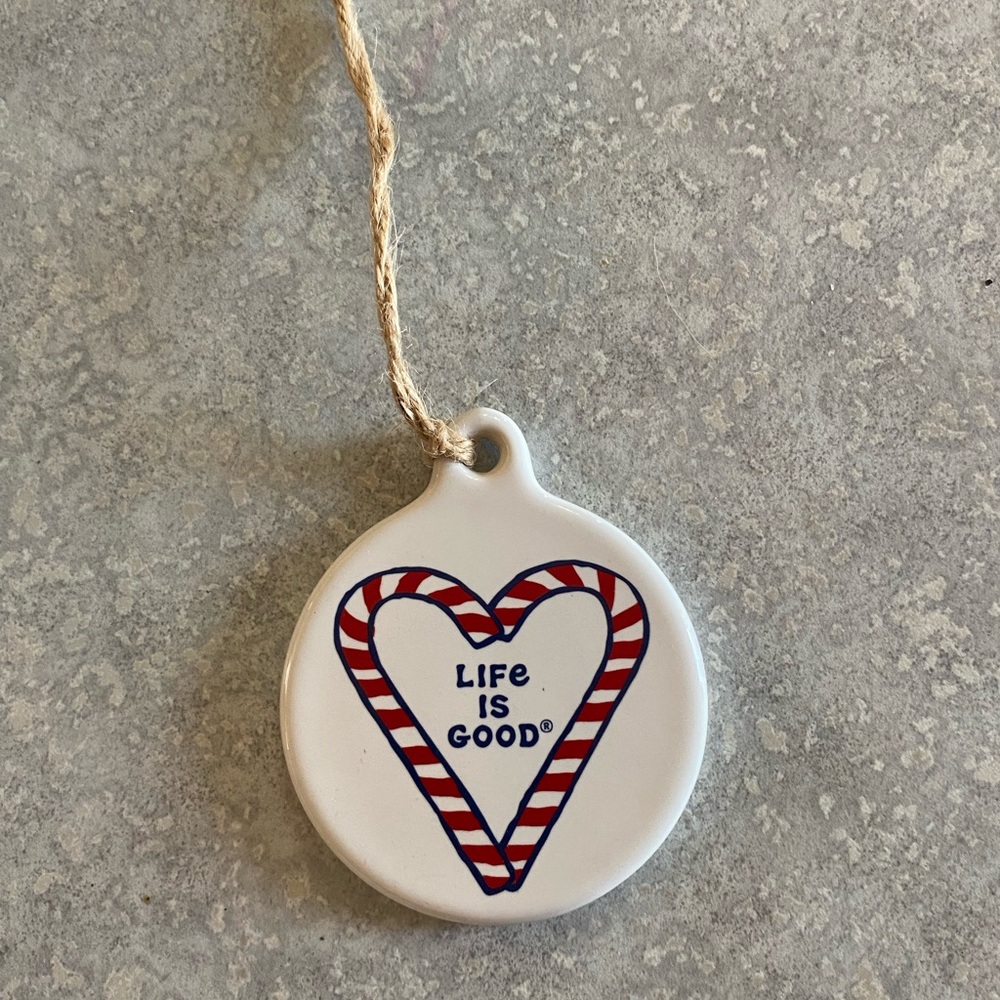 Life Is Good Candy Cane Heart Ornament - White, Red, Blue